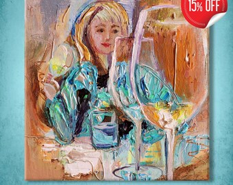 Original artist's self-portait small size mounted painting. In Vino Veritas.