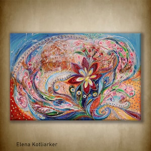 Original Colorful Spiritual Jewish art Surrealistic Painting shows the movement of energy around the small mystical village