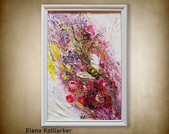 Original abstract painting. Bold strokes ready to hang framed figurative wall art  canvas "My Palette" series beige yellow purple white red