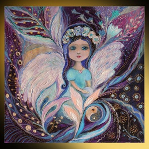 Original fantasy fairy art spiritual painting of black hair big eyes fairy girl with white wings Wall art for nursery room decor from Israel