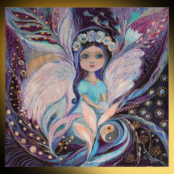 ファンタジー 妖精 絵画 イスラエル発、黒髪で大きな目、白い翼を持つ妖精の少女を描いた