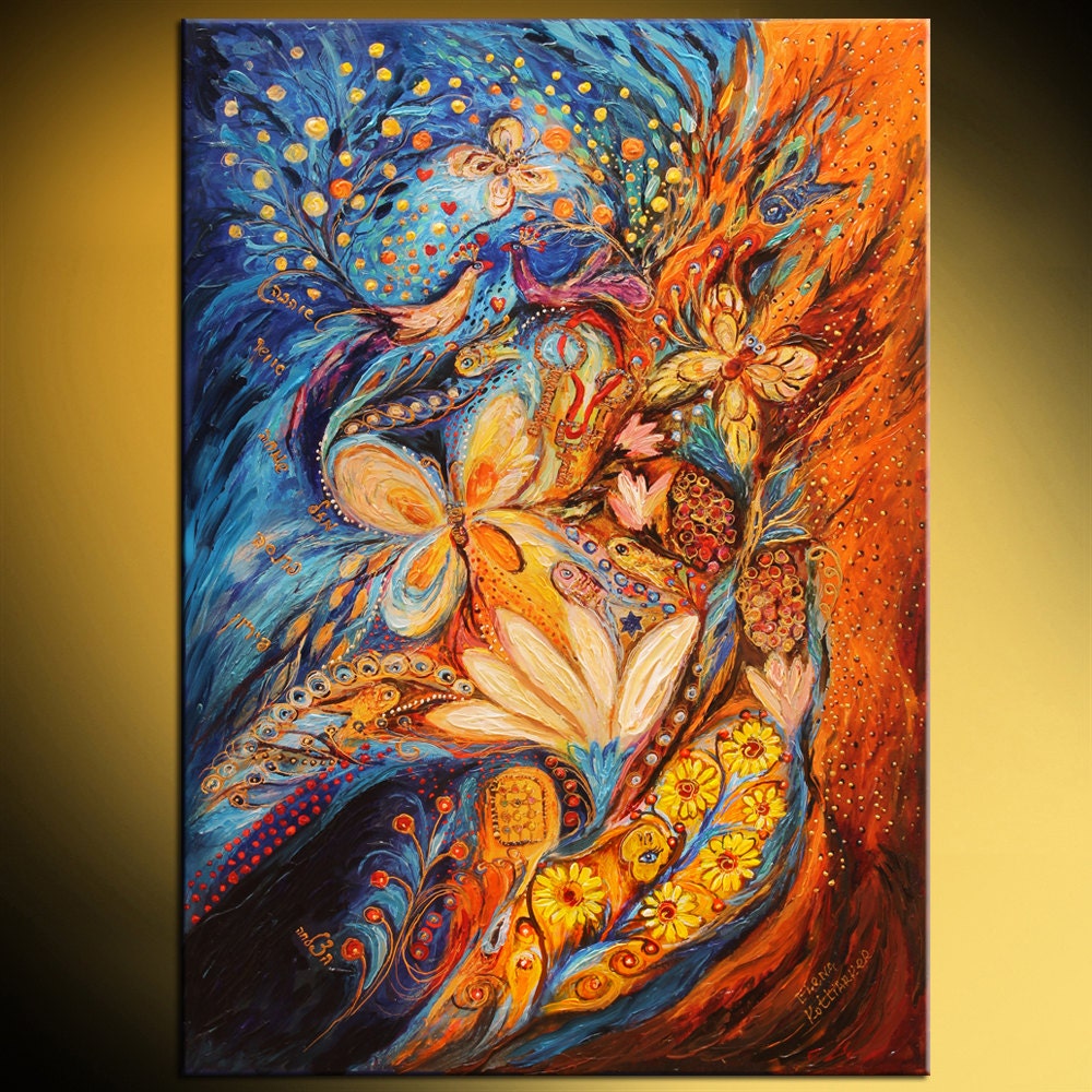 Mixed Media Jewish art colorful vibrant hues acrylic painting of fairytale birds flowers fruits and butterflies with Hebrew words embedded