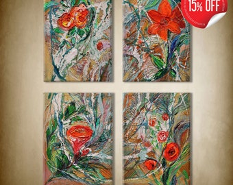 Original multi panel colorful small paintings composition shows the bold red flowers. Ready to hang