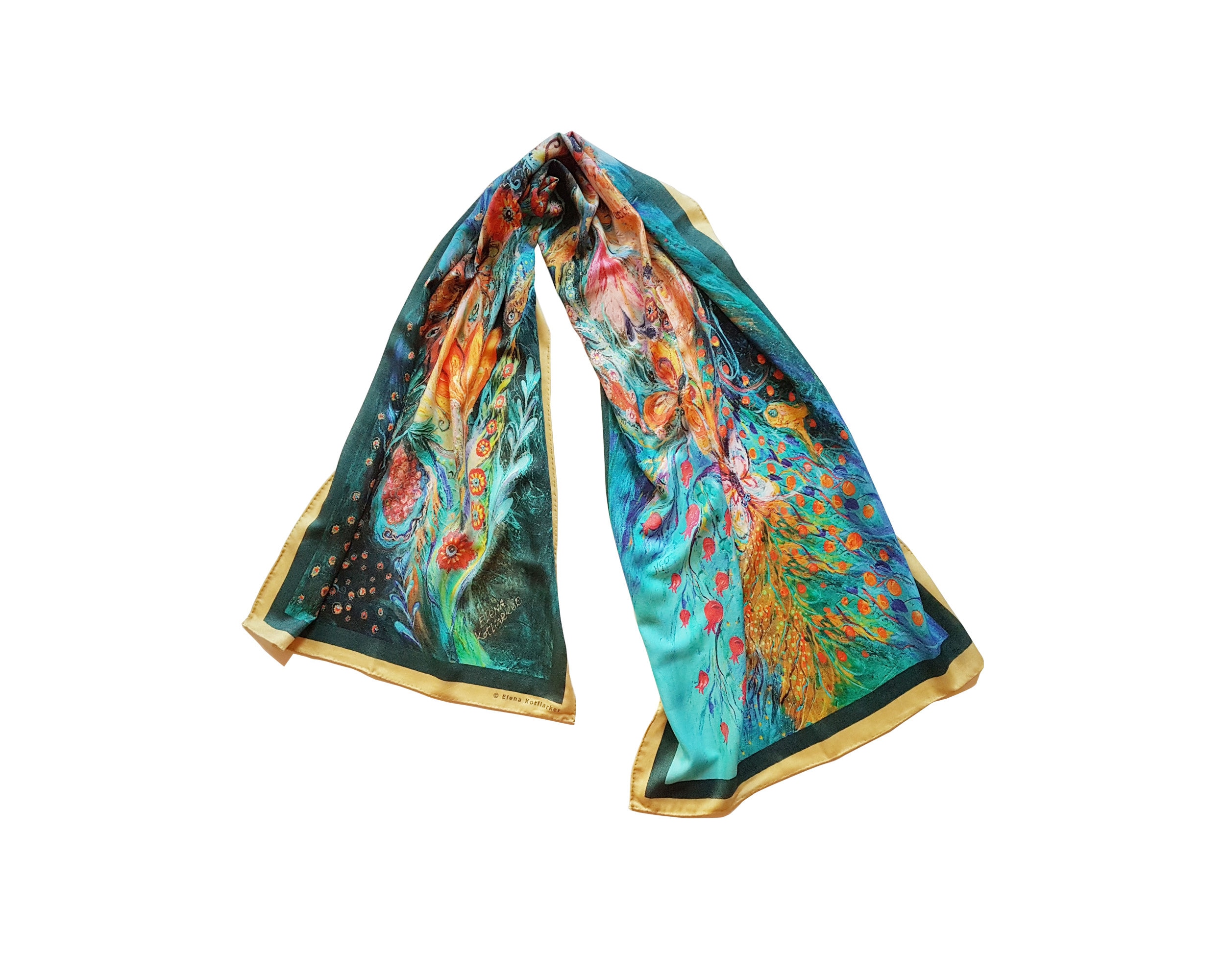 Hand Painted Wool-silk Luxury Women Scarf Emerald Background Shows