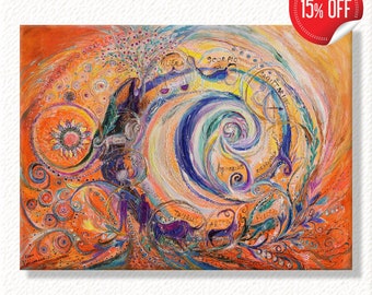 Original fine art figurative spiritual painting with ancient zodiac signs on gentle orange background for home & office from Israeli artist