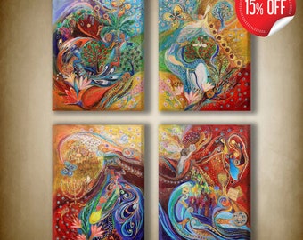 Original Jewish Art Colorful Paintings composition shows the four Jewish holidays and their spirituality