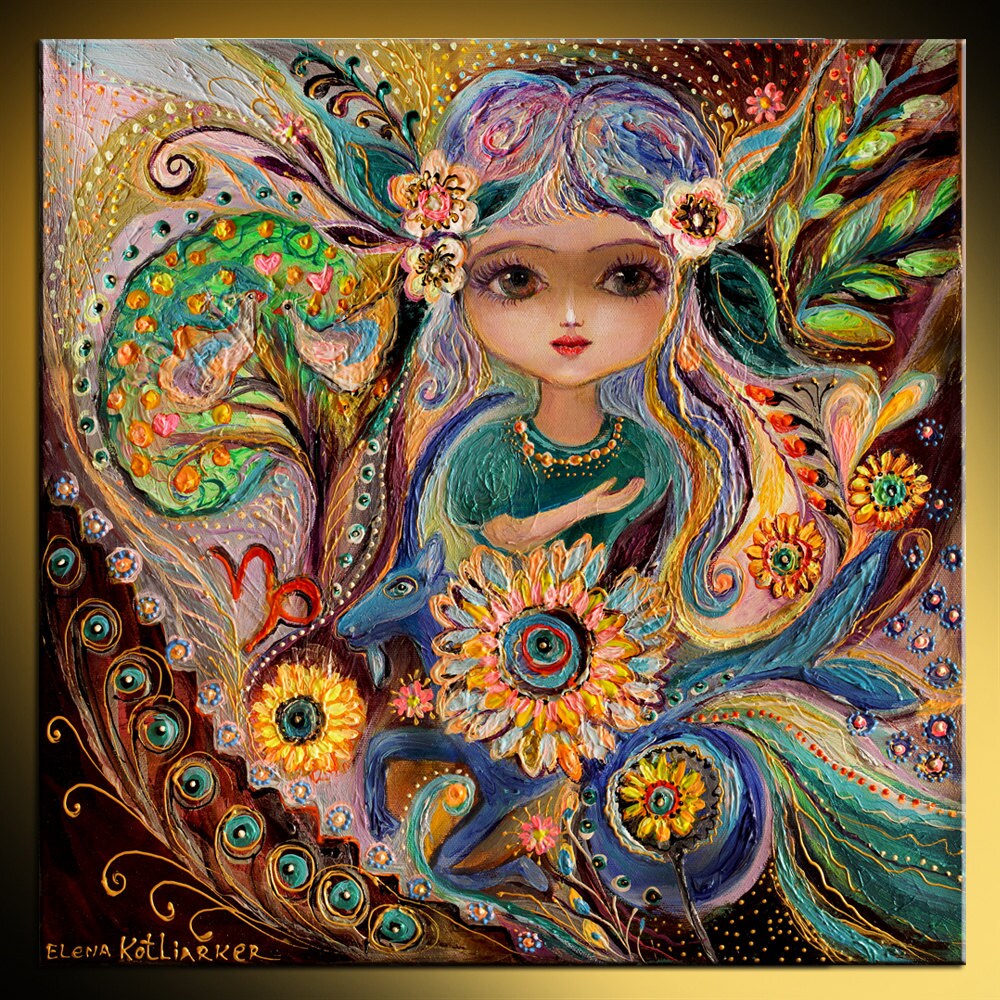 Original fantasy fairy art print of Zodiac Fairy series Capricorn Gold flowers big eyes girl Wall art for children room decor from Israel