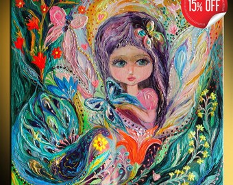 My little fairy Iris signed fantasy original art canvas print shows big blue eyed girl original Green red yellow rose flowers butterflies