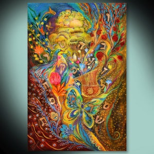 Ready to hang Original Jewish artwork with Hebrew letters and Kabbalah symbols "Eternal Letters" Olive tree pomegranates, birds. Israeli art
