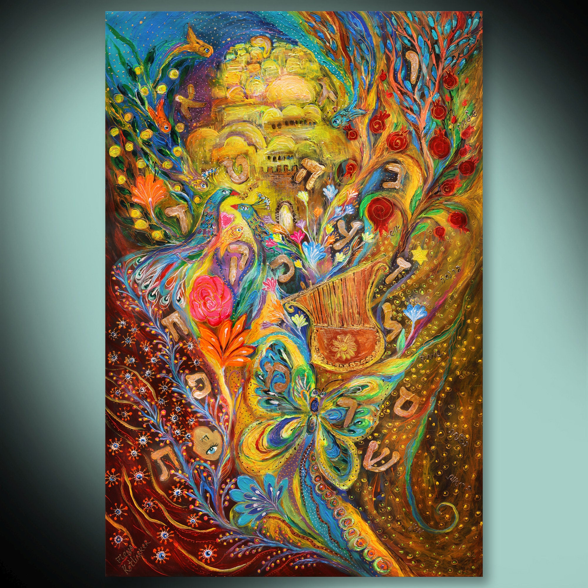 Ready to hang Original Jewish artwork with Hebrew letters and Kabbalah symbols "Eternal Letters" Olive tree pomegranates, birds. Israeli art