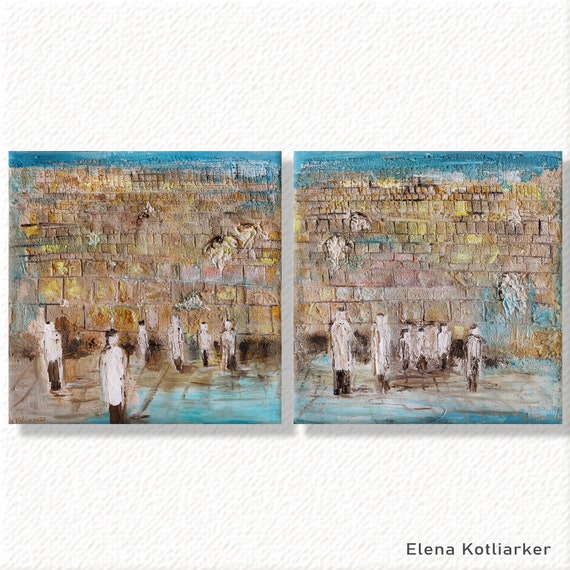 Original 70 inch huge wall art signed by artist archival quality canvas diptych "The Kotel" wall decor contemporary Israeli art