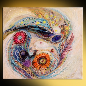 Impression giclée abstraite orientale sur toile Splash Of Life couleurs violet rouge bleu orange fond blanc Grandes fleurs et oiseaux