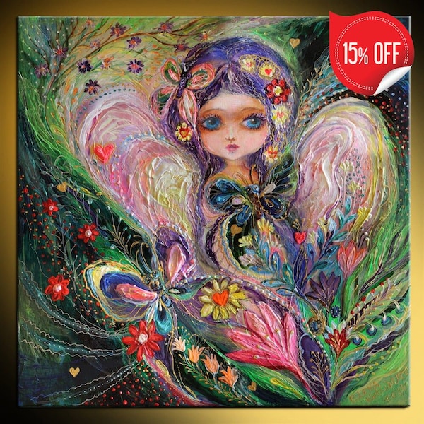 Original fantasy fine art print  "My little fairy Jemima". Orchard, Birds, flowers, butterflies, magic creatures. Best for child room decor