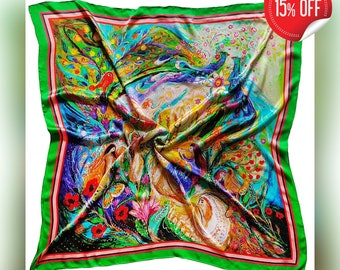 Designer Made Hand Painted Genuine Mulberry Silk Luxury Colorful Women Shawl with flowers fruits peacocks dancing women and trumpeting angel