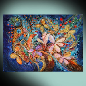 Limited Edition Canvas Print | Floral Figurative Art | Giclee Gallery Wrapped | Flowers, Butterflies, Hebrew Words | Art from Israel