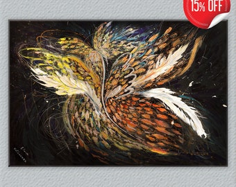 Abstract spiritual figurative painting on black canvas. Bold thick gold & white strokes. Large Jewish wall art shows the Wings of the Angel