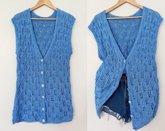 Vintage 70s Knit Crochet Vest Bluebird Blue Long Sleeveless Button Down Oversized Tunic Top Open Weave Boho Cottagecore One Size