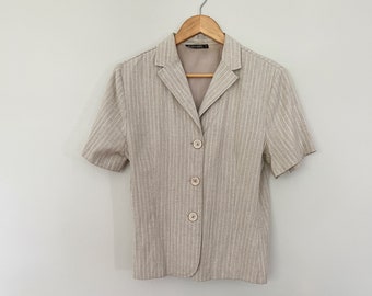 Vintage 80s 90s Linen Short Sleeve Blazer, Linen Rayon Blend Button Down Top, Pinstripe Top Shirt, Small Medium