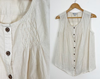 Vintage Sheer Lightweight Sleeveless Blouse Button Down with Wood Buttons Pintuck Details Loose Fit Flowy Top Elevated Basic, Medium