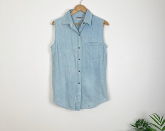 Vintage 90s Y2K Denim Tunic Chambray Sleeveless Blouse, Embroidered Jean Top, Boho Western Cotton Shirt Silver Buttons Northern Reflections