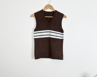 Knit Vest V Neck Top Vintage Chunky Knit Sleeveless Sweater Chocolate Brown with Cream Stripes Small Medium