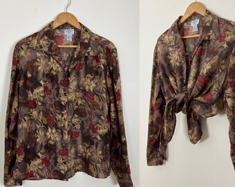 Vintage 1980s Silk Floral Print Blouse Button Down Oversized Slouchy Boxy Fit Shirt Medium Large