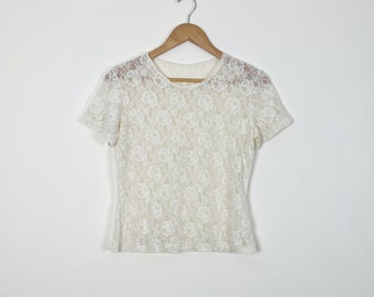 Vintage Lace T-Shirt Pullover Cream Nylon Shirt Mesh Sheer Short Sleeve  Small Medium