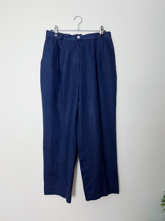 Vintage Linen Trousers Pleated Navy Pants Evan Pi… - image 3