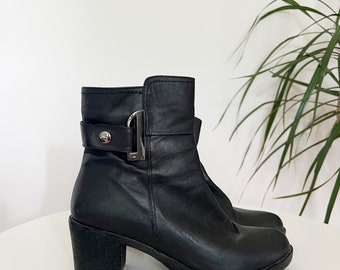 Vintage 90s Leather Ankle Boots Chunky Heel Booties with Buckle Matte Black Zip Up Size 7