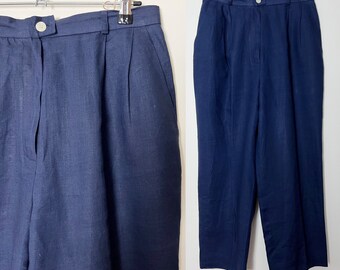Vintage Linen Trousers Pleated Navy Pants Evan Piccone  High Waisted Minimalist Quit Luxury Small