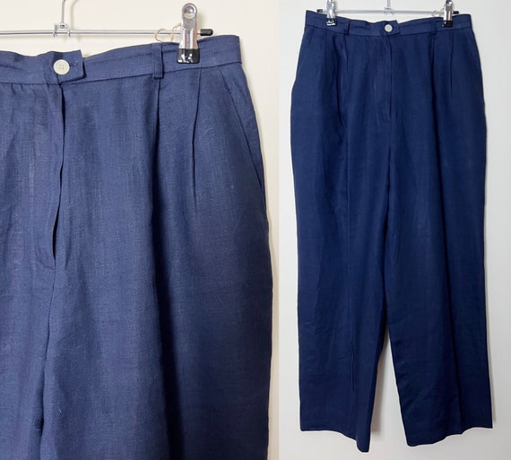 Vintage Linen Trousers Pleated Navy Pants Evan Pi… - image 1