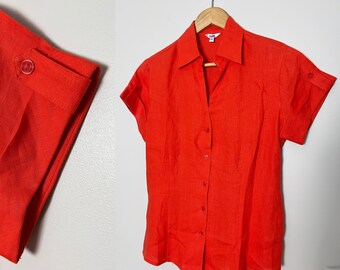 Vintage Linen Short Sleeve Button Down Blouse, Boxy Fit Top in Bright Orange  by ‘Tabi’, Linen Utility Shirt,  Small Medium