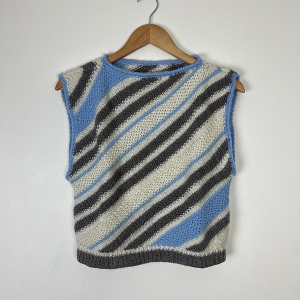 Vintage Knit Vest Boat Neck Box Fit Sweater Stripe Pullover Top Grey Cream Blue Small