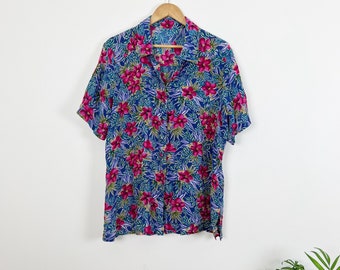 Vintage 80s Silk Floral Oversized Blouse Button Down Short Sleeves Slouchy Fit Hawaiian Vibes Medium Large