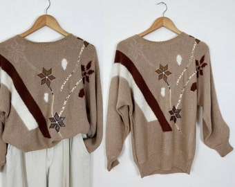 Vintage 80s Chunky Knit Sweater with Patchwork Flowers Slouchy Fit Tan Cream and Brown Funky Long Sleeve Top Small Medium