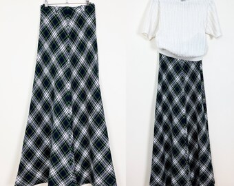 Vintage 60s 70s Plaid Tartan Maxi Skirt Extra Long Kilt High Waist Aline with Belt Loops Warm Fall Staple Small