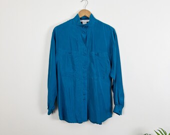 1980s Silk Blouse Button Down Vintage Oversized Slouchy Boxy Fit Shirt Mandarin Collar Turquoise Blue Patch Pockets Medium Large