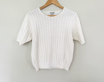 Vintage Fine Knit Pullover Top, ‘Alfred Dunner’ Cable Knit Tee, White Knit Blouse, Short Sleeve Sweater, Small