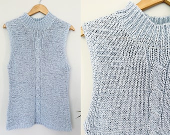 Knit Mock Neck Top Vintage Open Weave Knit Tunic ‘Liz Claiborne’ Ice Blue Crochet Sweater Vest Sleeveless Cable Knit Med Large