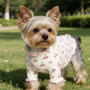 May include: A small dog wearing a cream-colored shirt with a pink cherry pattern. The shirt has ruffled edges and sleeves. The dog is standing on green grass in a park setting.
