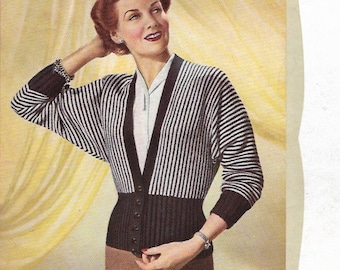1930s  Knitted Batwing Waisted Long Sleeve Cardigan Knitting Pattern pdf