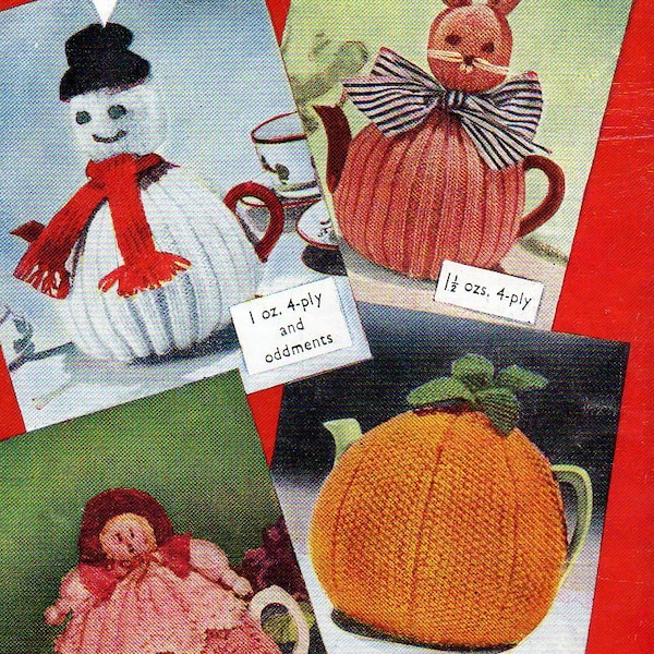 1930s novelty knitted tea cosies Snowman Bunny Doll Fruit knitting pattern pdf INSTANT DOWNLOAD