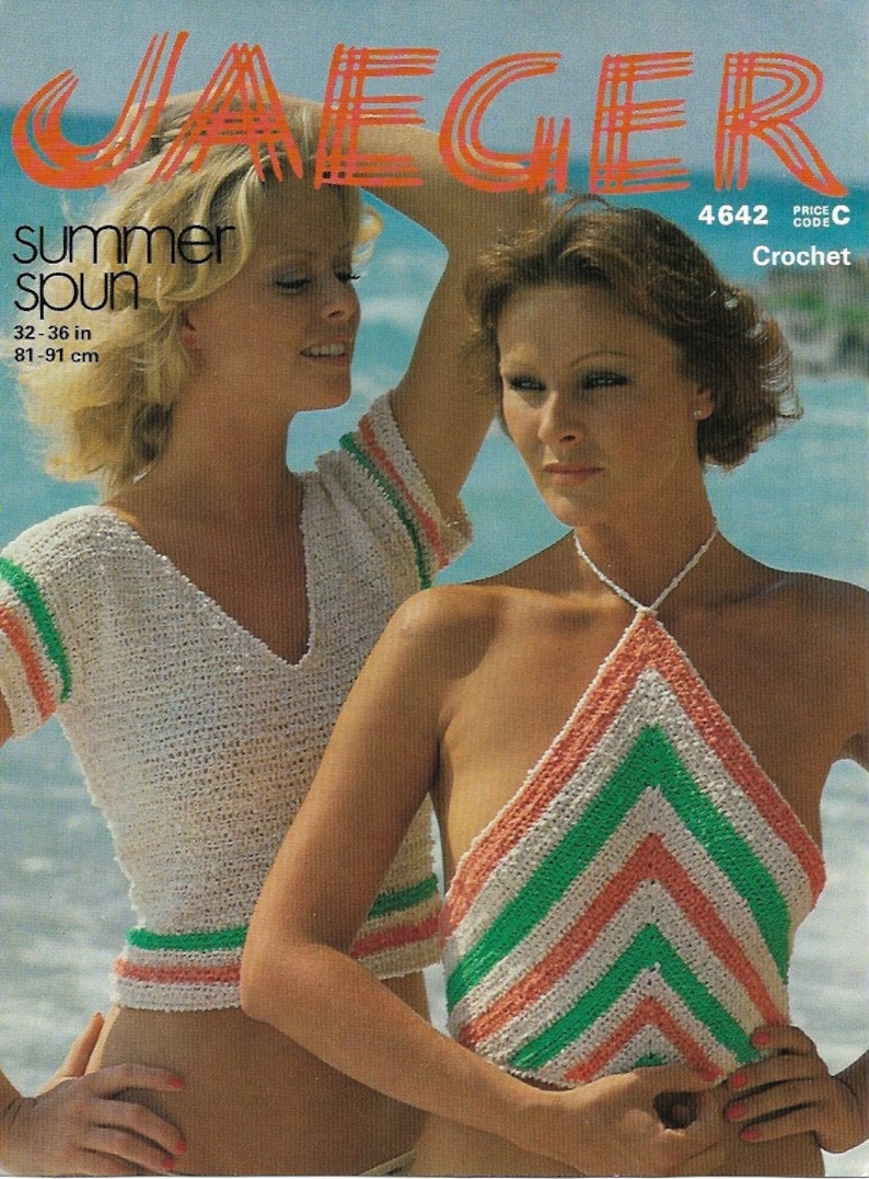 May include: Two women wearing crocheted tops. The woman on the left is wearing a white top with green and pink stripes. The woman on the right is wearing a halter top with green, white, and pink stripes. The text "summer spun" is written in the top left corner of the image. The text "4642 Crochet" is written in the top right corner of the image.