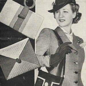 May include: A vintage knitting pattern booklet for three knitted bags: a striped bag, an envelope bag, and a satchel. The booklet cover features a black and white photo of a woman wearing a plaid jacket and a black hat, holding a knitted satchel bag.