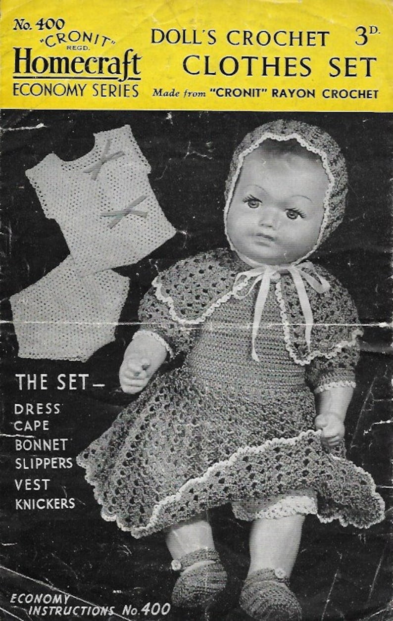 1930s Vintage Dolls baby Clothes 6 items Wartime Economy Crochet Pattern pdf INSTANT DOWNLOAD image 1