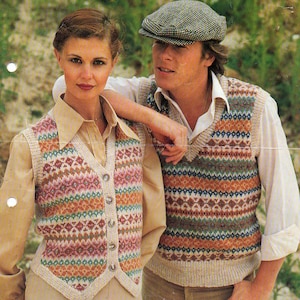 1970s Fair Isle Button Waistcoat and V Neck Knitting Pattern for Men or Women pdf INSTANT DOWNLOAD
