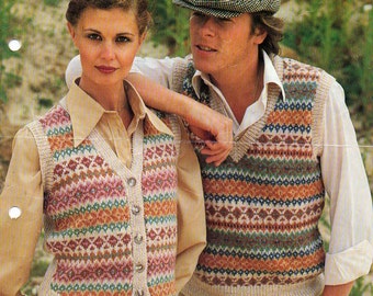 1970s Fair Isle Button Waistcoat and V Neck Knitting Pattern for Men or Women pdf INSTANT DOWNLOAD