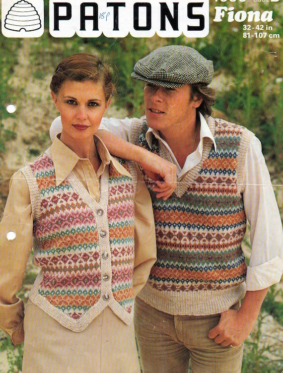 1970s Fair Isle Button Waistcoat and V Neck Knitting Pattern for