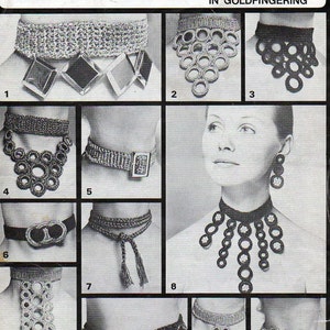 May include: A vintage craft pattern booklet featuring 12 different crochet choker designs. The booklet cover features the title "Chokers in Goldfingering" and a logo for "Twilleys Stamford".