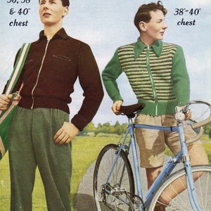 May include: Two men modeling knitted sweaters. The man on the left is wearing a brown sweater with a zipper and green pants. The man on the right is wearing a green and brown striped sweater with a zipper and beige shorts. He is riding a blue bicycle with a white handlebar and white tires. The image includes the text "Marriner's DK. Double Knitting" and "36, 38" & 40" chest" and "38-40" chest".